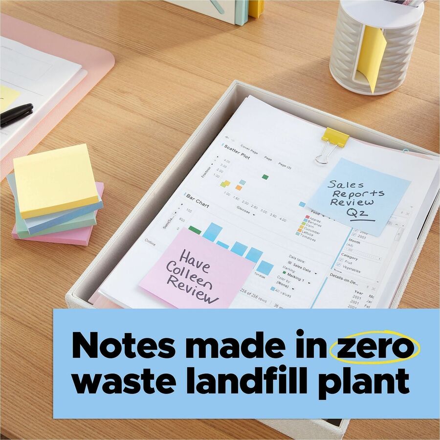 Post-it Recycled Super Sticky Notes, 3" x 3", Assorted Oasis Colors, 70 Sheets per Pad, 24 Pads per Pack, Square, Unruled, 100% Recycled Paper