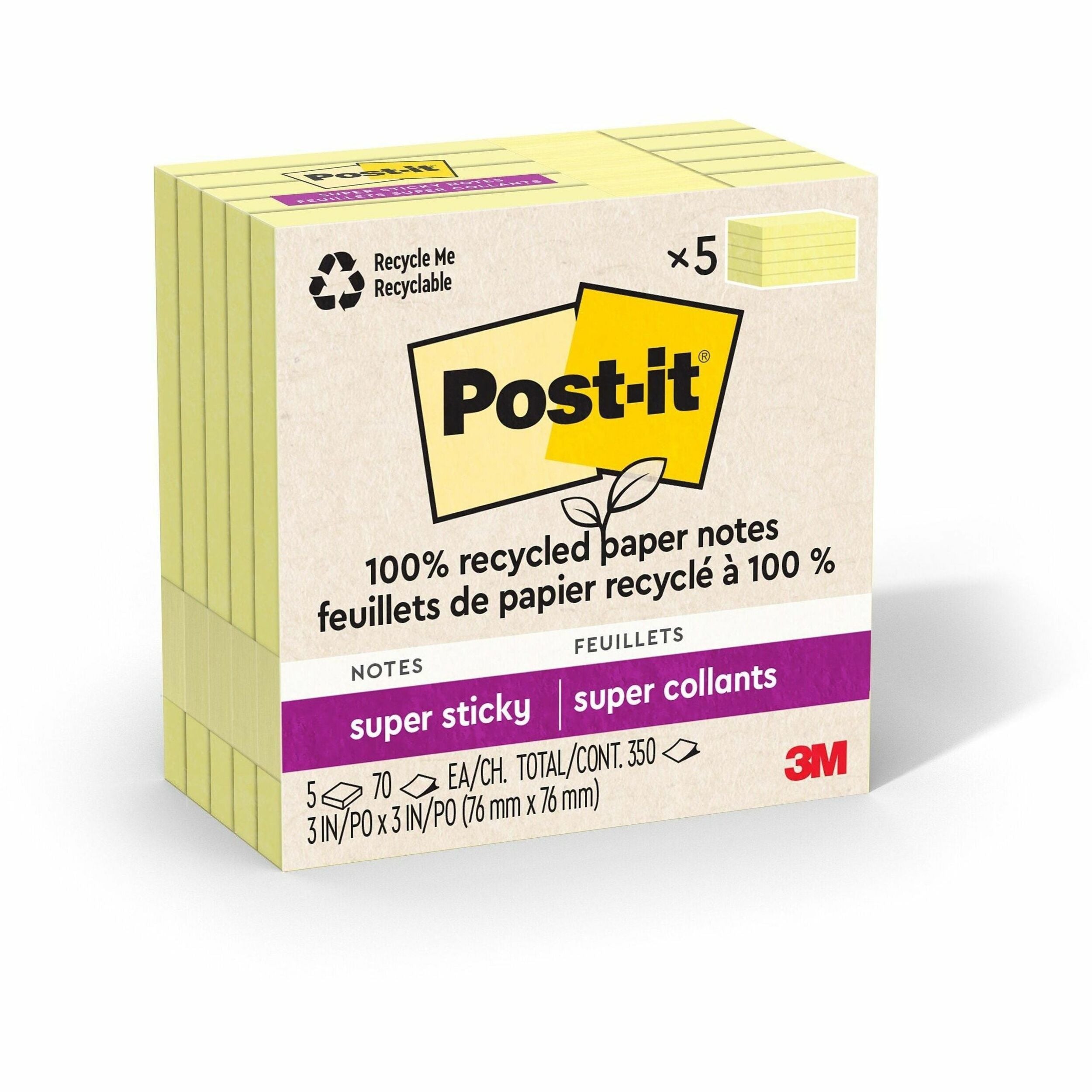 Post-it Recycled Super Sticky Notes, 3" x 3", Canary Yellow, 70 Sheets per Pad, 5 Pads per Pack, Square, Adhesive, 100% Recycled Paper