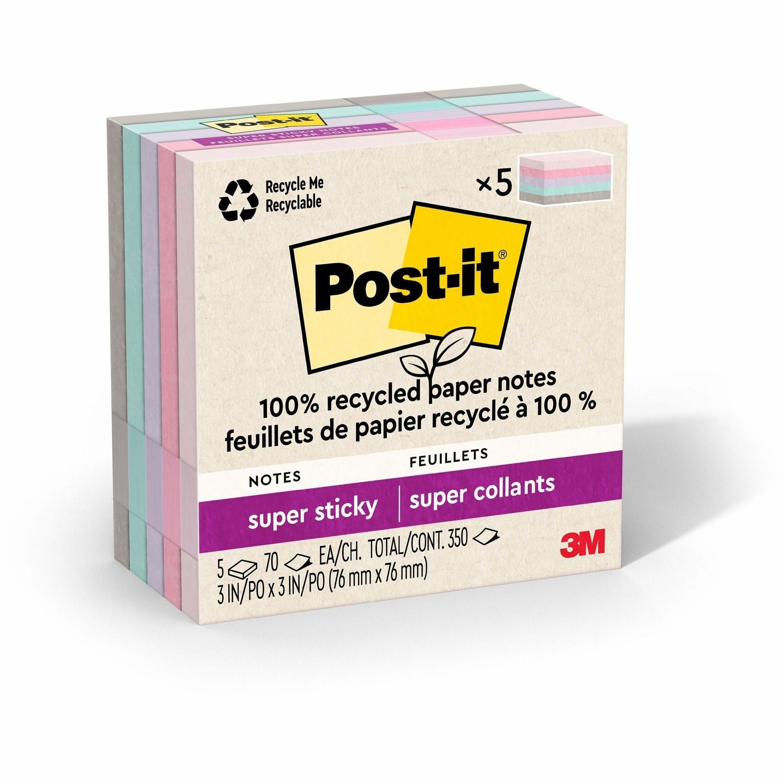 Post-it Recycled Super Sticky Notes, 3" x 3", Square, Wanderlust Pastels, 70 Sheets per Pad, 5 Pads per Pack