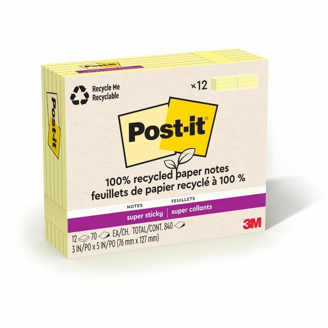 Post-it Recycled Super Sticky Notes, 3" x 5", Canary Yellow, 70 Sheets per Pad, 12 Pads per Pack, Rectangle, Adhesive, 100% Recycled Paper