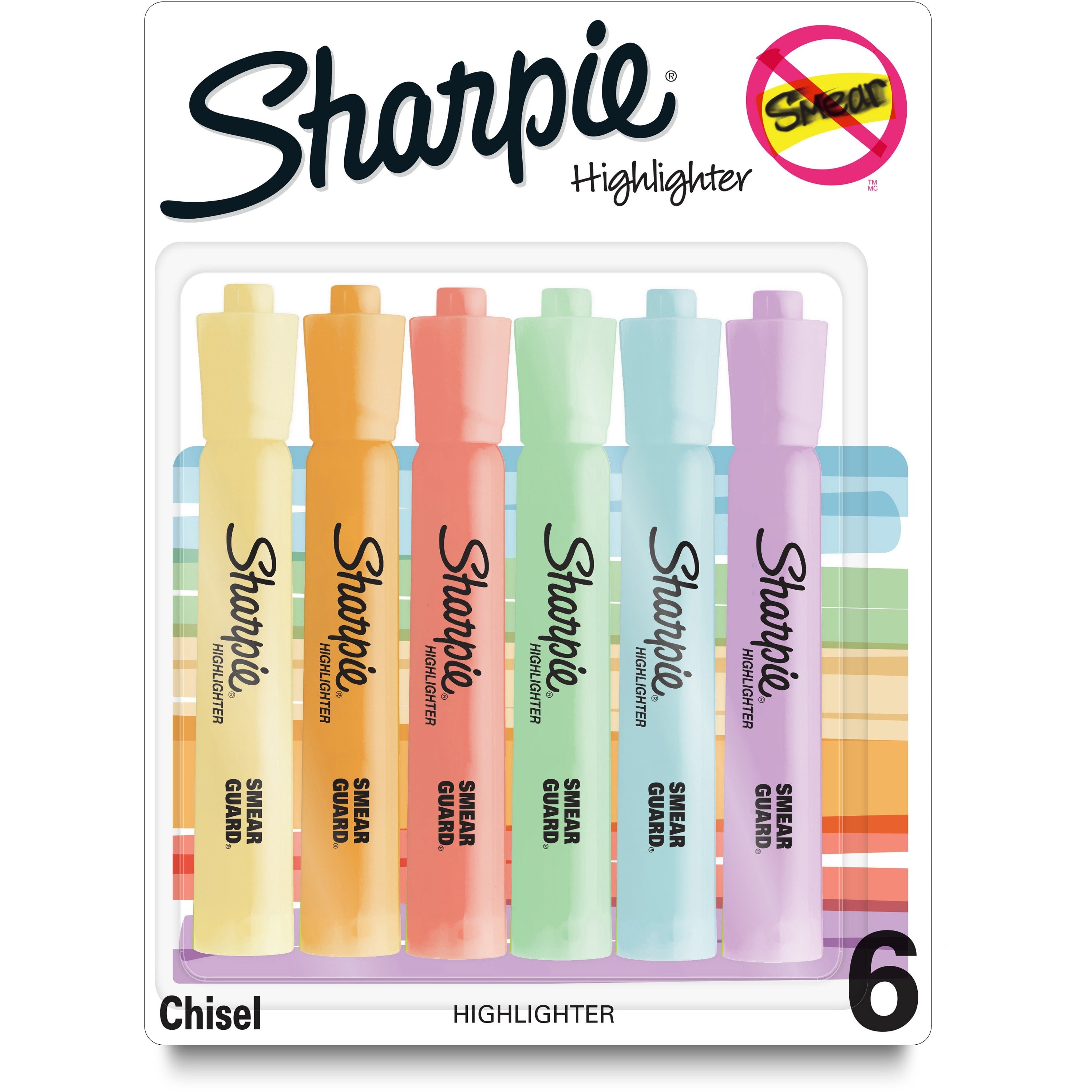 Sharpie SmearGuard Tank Style Highlighters, Assorted Ink, Wide Chisel & Narrow Marker Point, 6 Pack