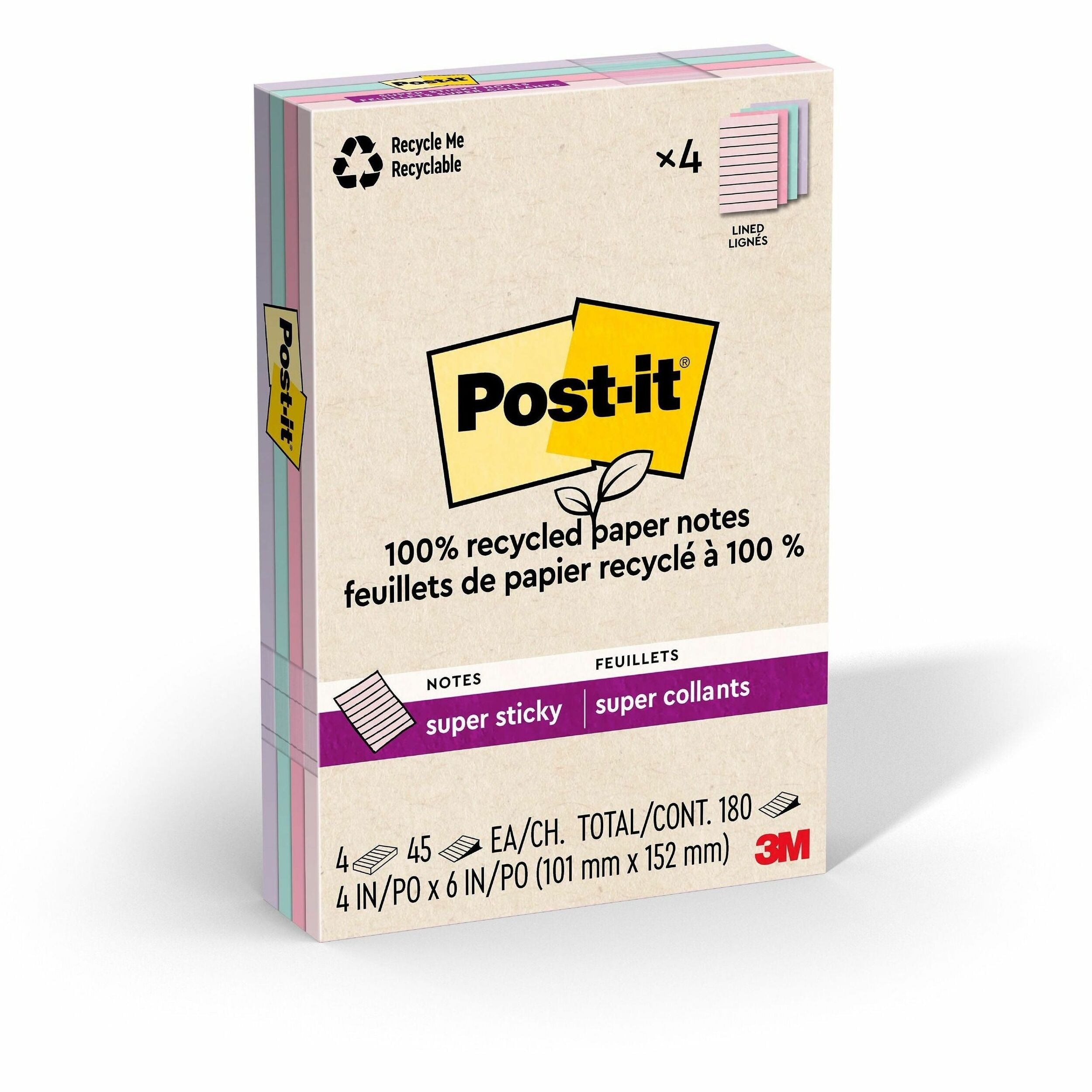 Post-it Super Sticky Adhesive Notes, 4" x 6", Rectangle, 45 Sheets per Pad, Assorted Wanderlust Pastel, Repositionable, Recycled, 4 Pack