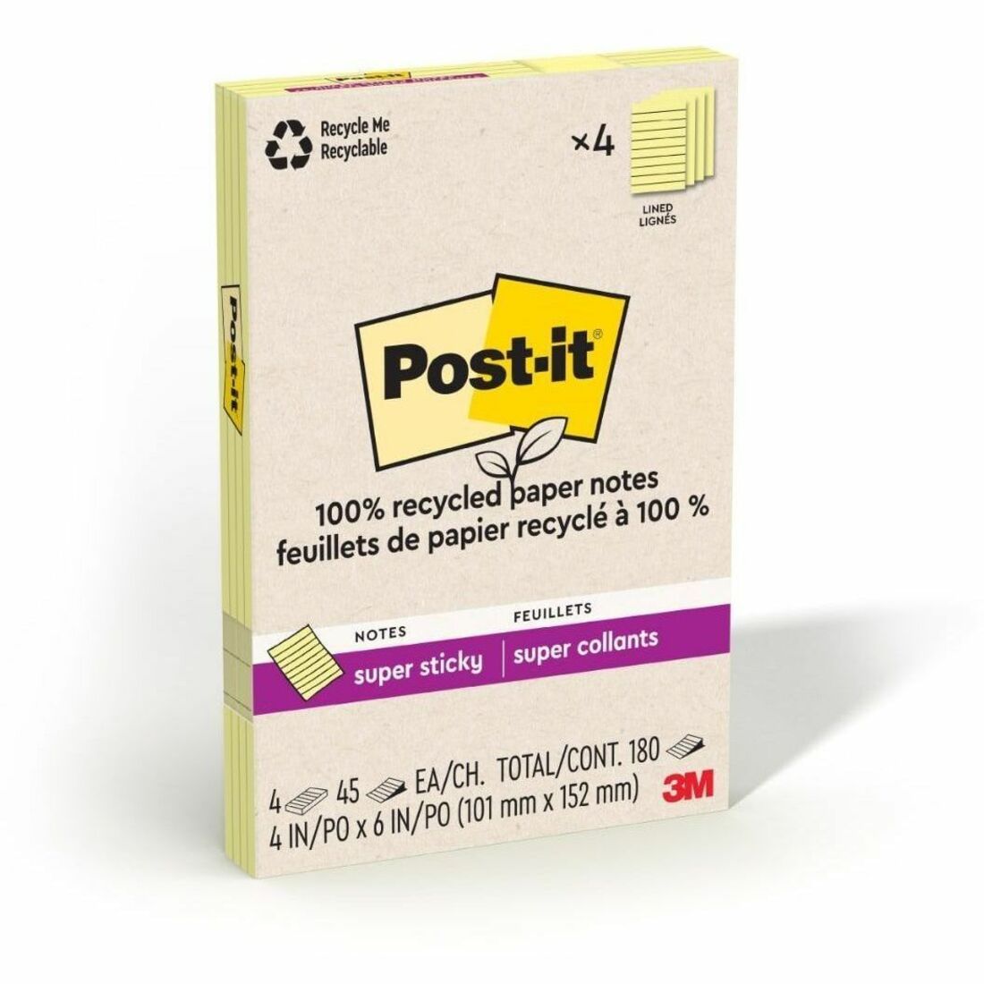 Post-it Super Sticky Adhesive Notes, 4" x 6", Rectangle, Canary Yellow, 45 Sheets per Pad, 4 Pads per Pack, Repositionable, Recycled