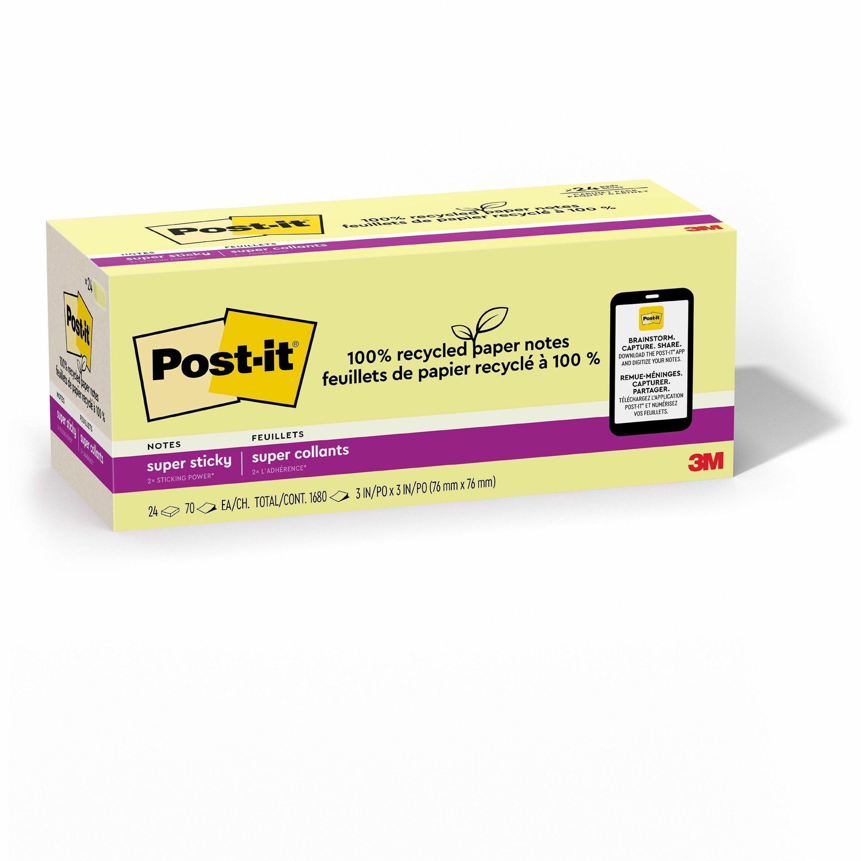 Post-it Super Sticky Adhesive Notes, 3" x 3", Canary Yellow, 70 Sheets per Pad, Repositionable, Recycled, 24 Pack
