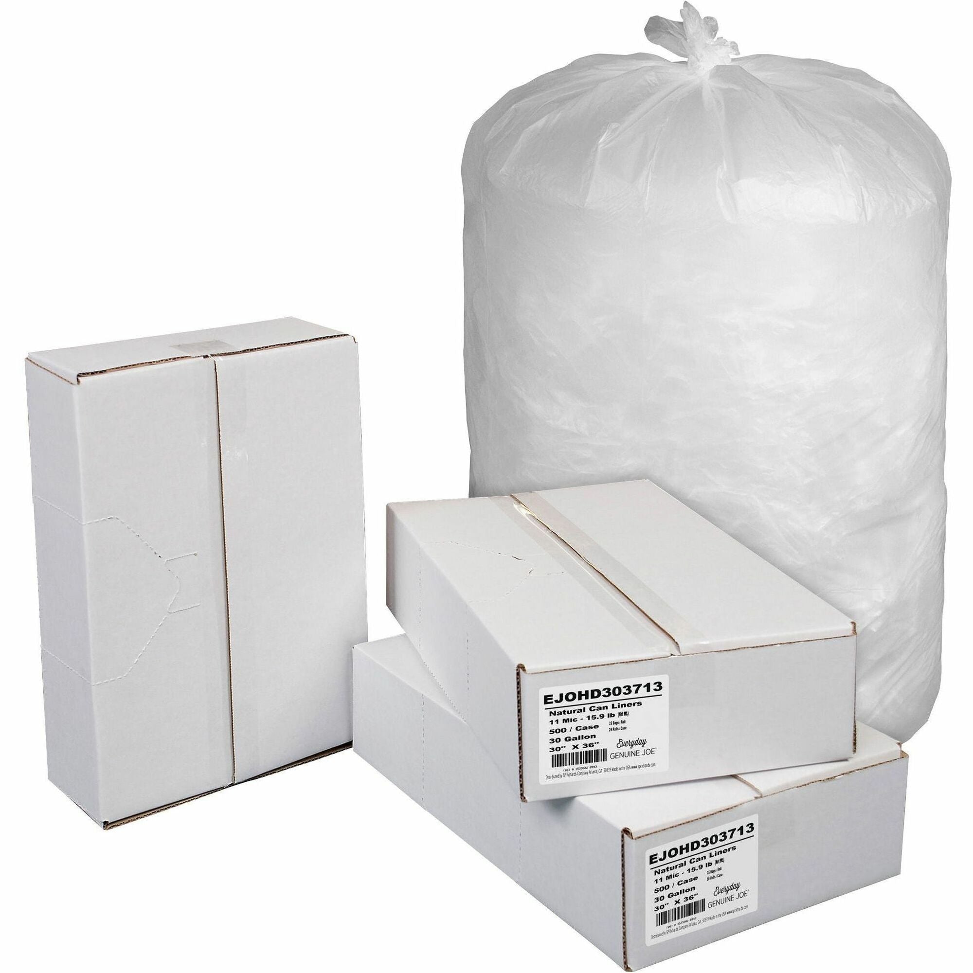 Everyday Genuine Joe High-Density Can Liners, 30 Gallon, 36" x 30", 0.43 mil, Natural, 500/Carton
