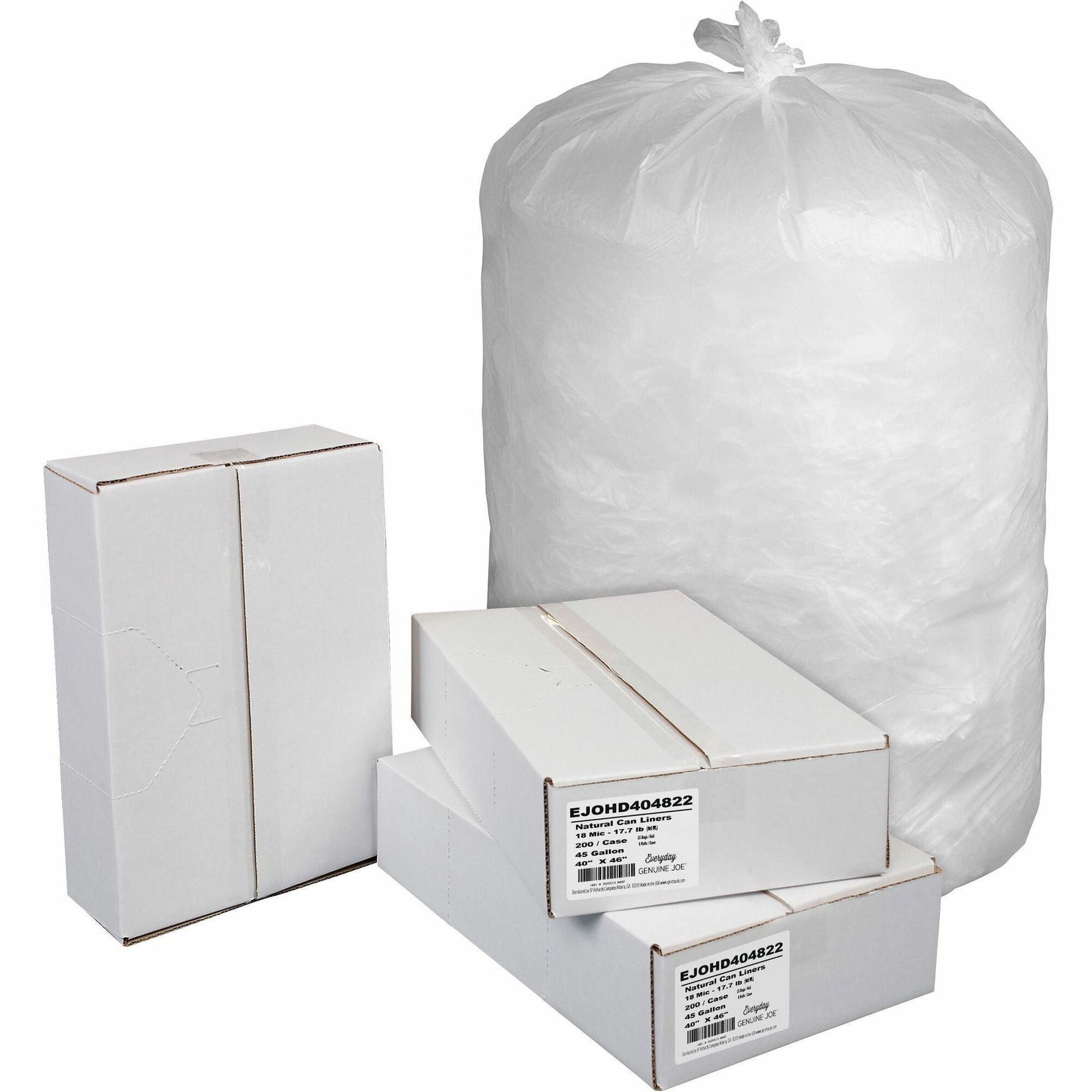 Everyday Genuine Joe High-Density Can Liners, 45 Gallon, 46" x 40", 0.71 mil, Natural, Puncture Resistant, Star Bottom Seal, Coreless Roll, 200/Carton