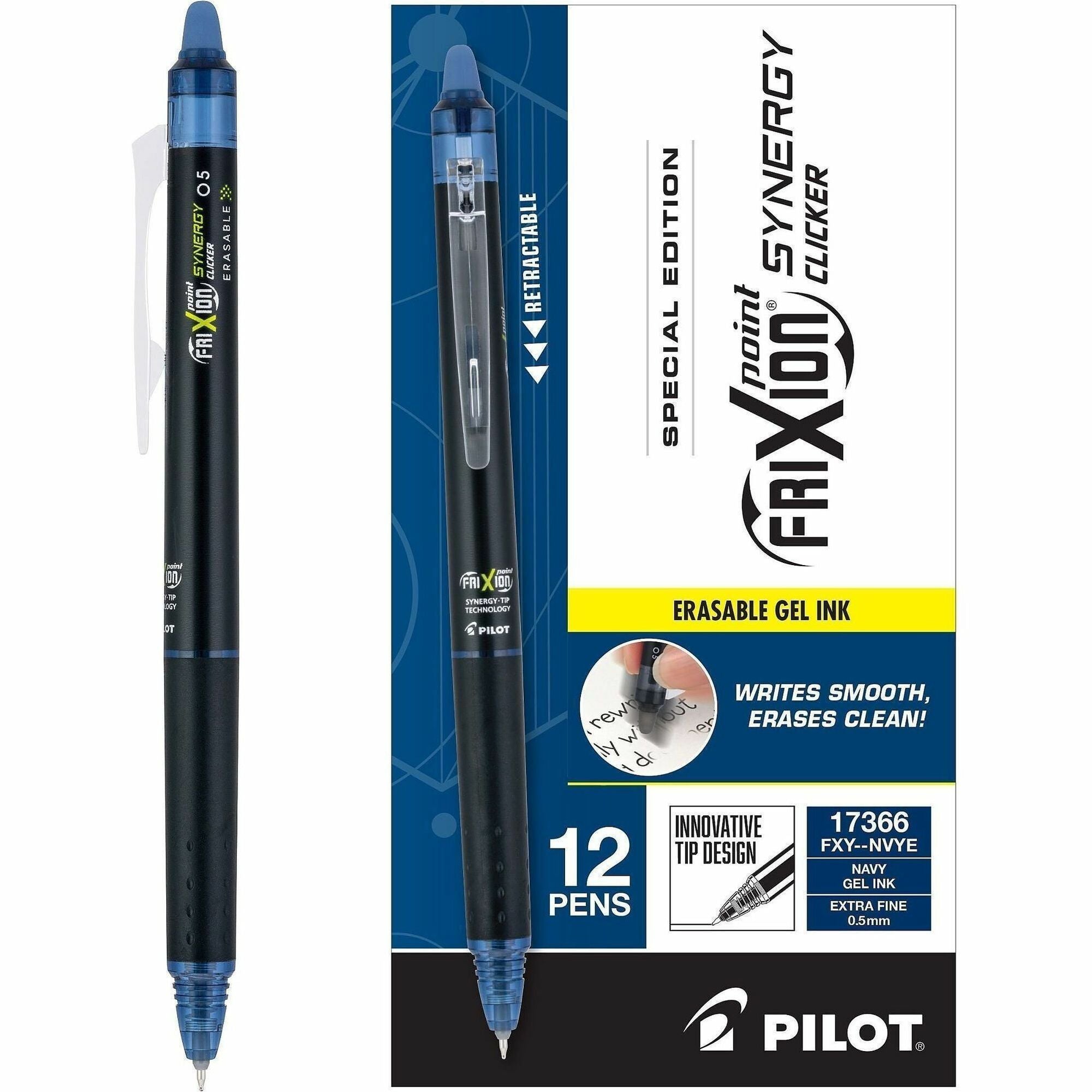 FriXion Synergy Clicker Erasable Gel Pen, Extra Fine Point, Retractable, Navy Ink, Thermosensitive Gel, 1 Dozen