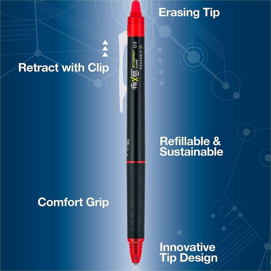 FriXion Synergy Clicker Erasable Gel Pen, Extra Fine Point, Retractable, Red Ink, Gel-based, 1 Dozen