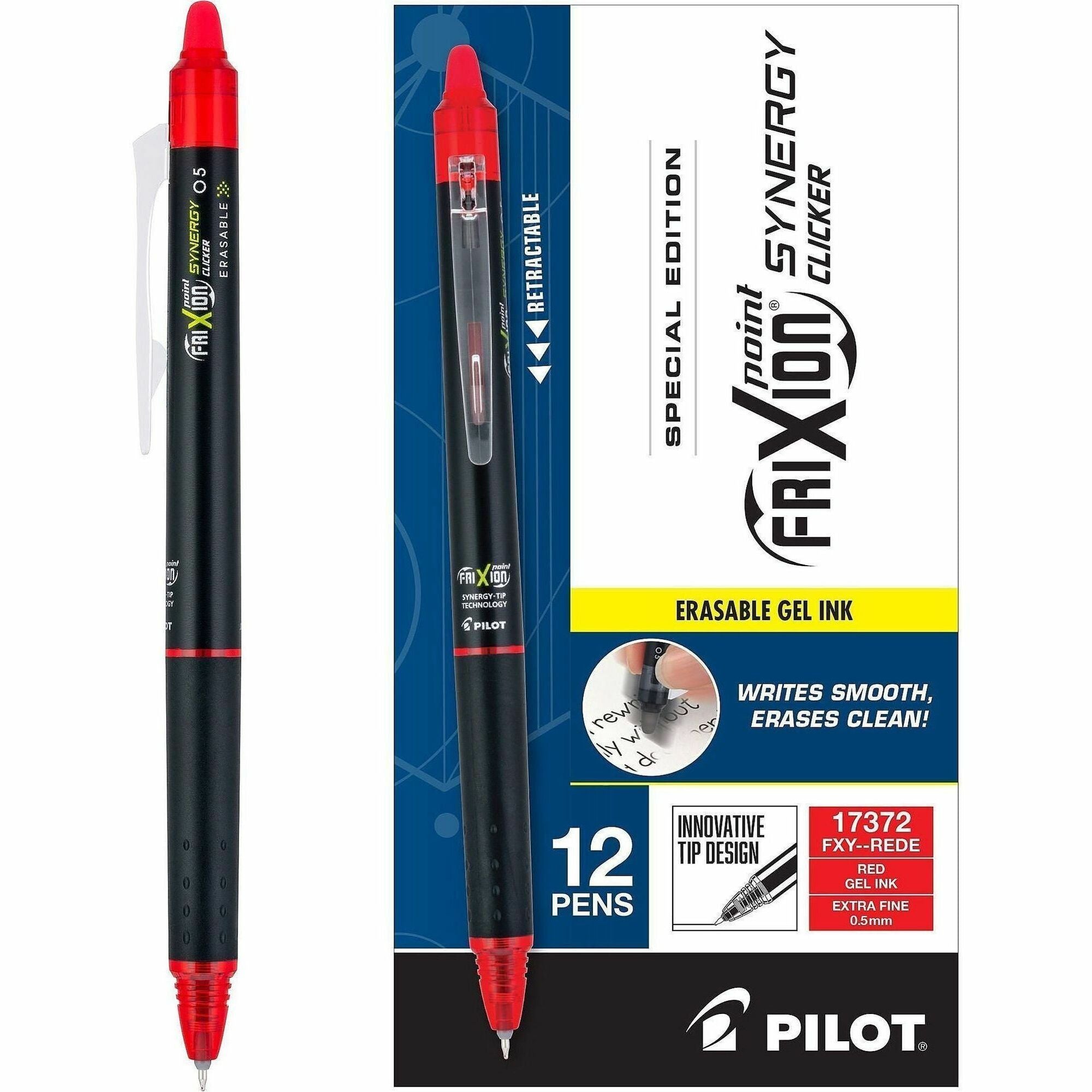 FriXion Synergy Clicker Erasable Gel Pen, Extra Fine Point, Retractable, Red Ink, Gel-based, 1 Dozen