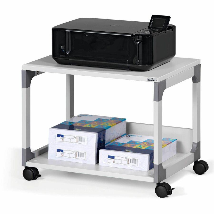 DURABLE System 48 Multifunction Trolley, 2 Shelves, 4 Casters, Plastic/Steel/Melamine Faced Chipboard, 23.62" W x 17.01" D x 18.78" H, Metal Frame, Gray, 1 Each