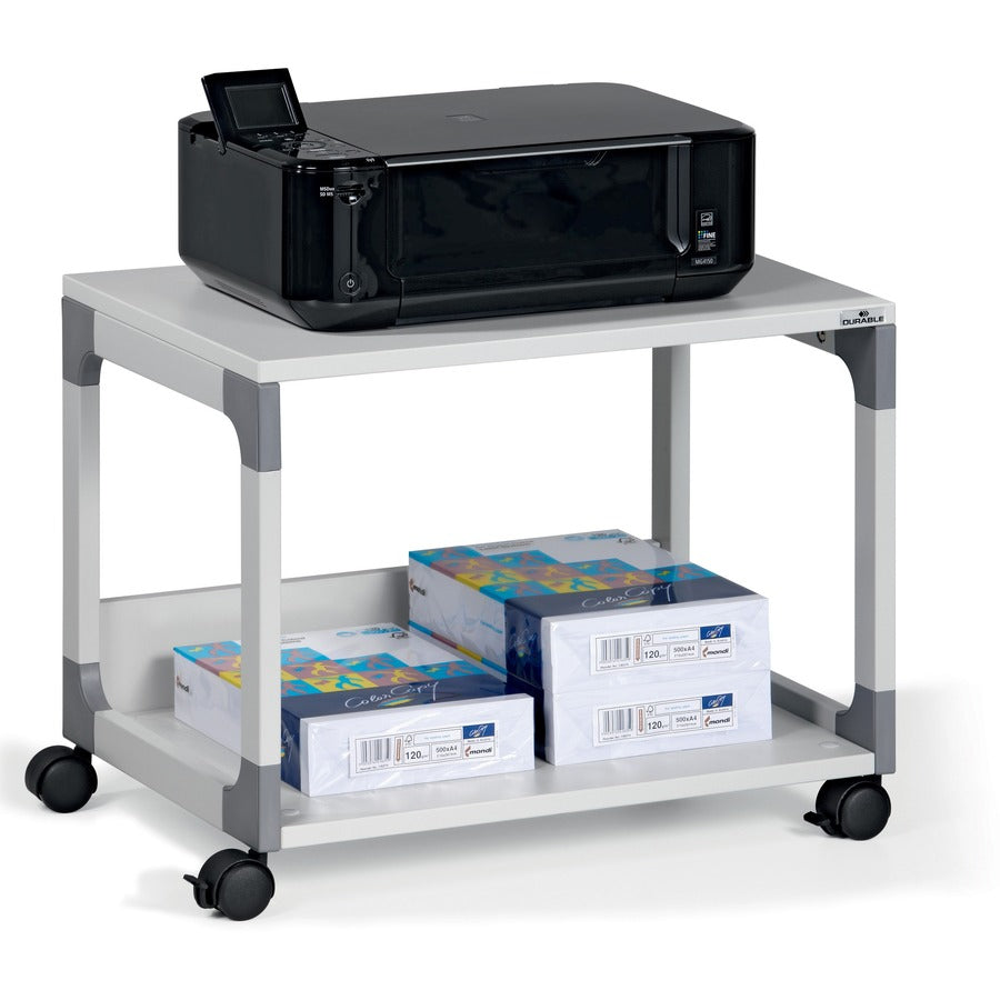 DURABLE System 48 Multifunction Trolley, 2 Shelves, 4 Casters, Plastic/Steel/Melamine Faced Chipboard, 23.62" W x 17.01" D x 18.78" H, Metal Frame, Gray, 1 Each