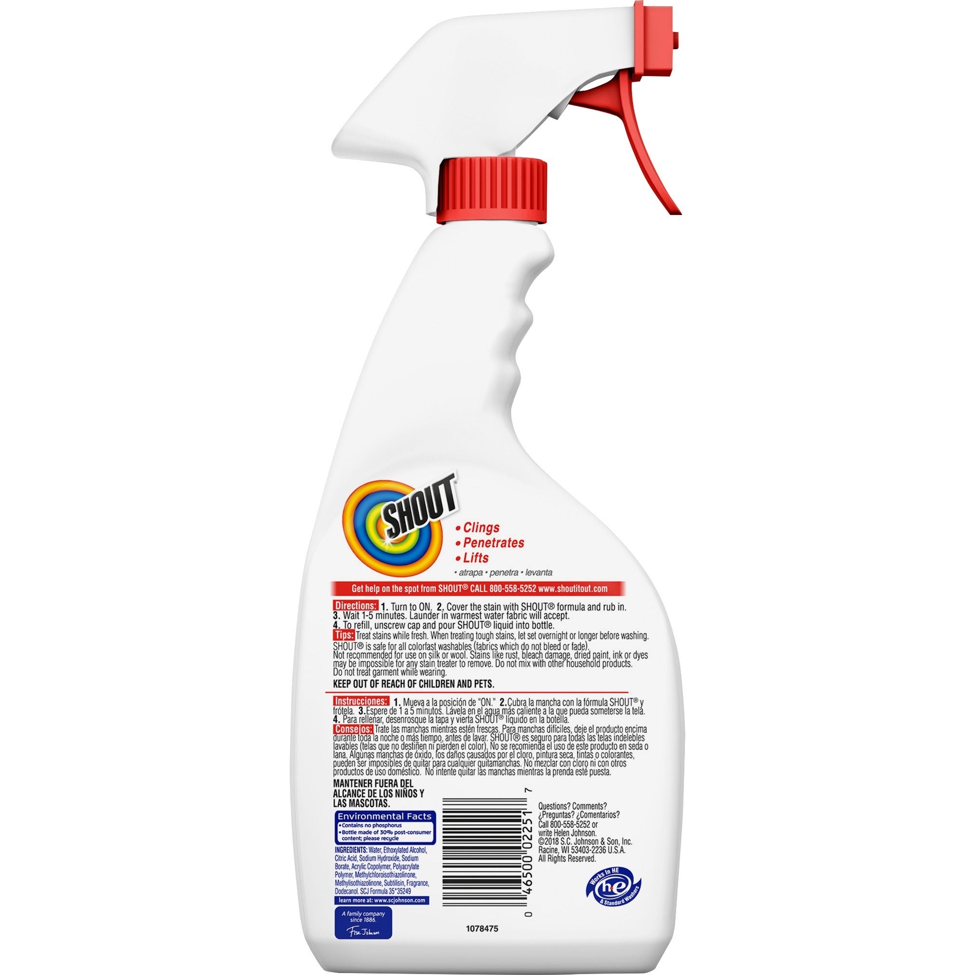 Shout Laundry Stain Remover, Concentrate, Color Safe, Washable, Refillable, Clear, 8/Carton