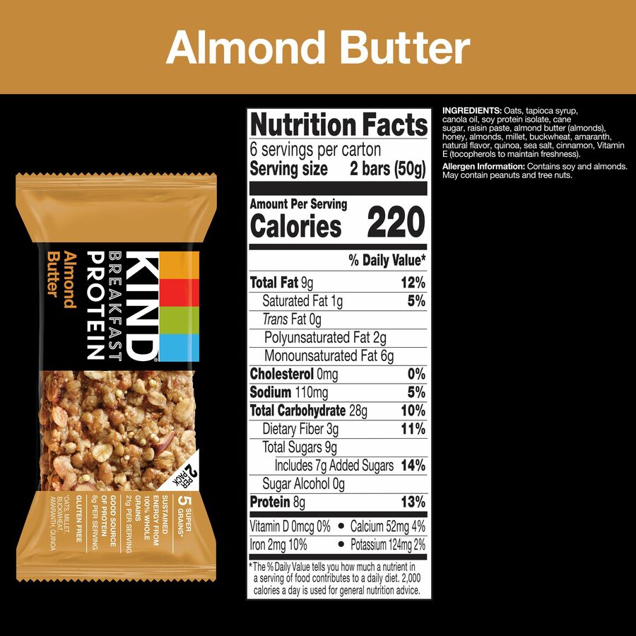 KIND Breakfast Protein Bars, Almond Butter, Gluten-Free, Dairy-Free, Peanut-Free, Low Sodium, 1.76 oz, 6 Bars per Box