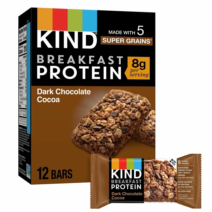 KIND Breakfast Protein Bars, Dark Chocolate Cocoa, Gluten-Free, Dairy-Free, Low Sodium, Trans Fat Free, Peanut-Free, 1.76 oz, 6/Box
