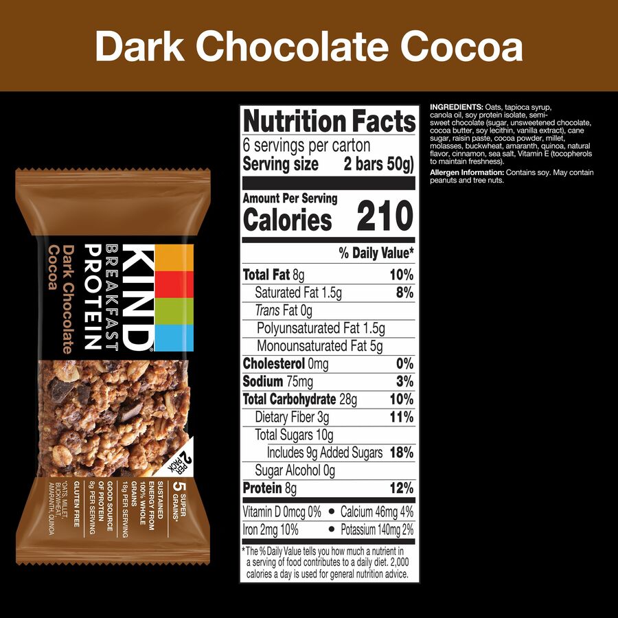 KIND Breakfast Protein Bars, Dark Chocolate Cocoa, Gluten-Free, Dairy-Free, Low Sodium, Trans Fat Free, Peanut-Free, 1.76 oz, 6/Box