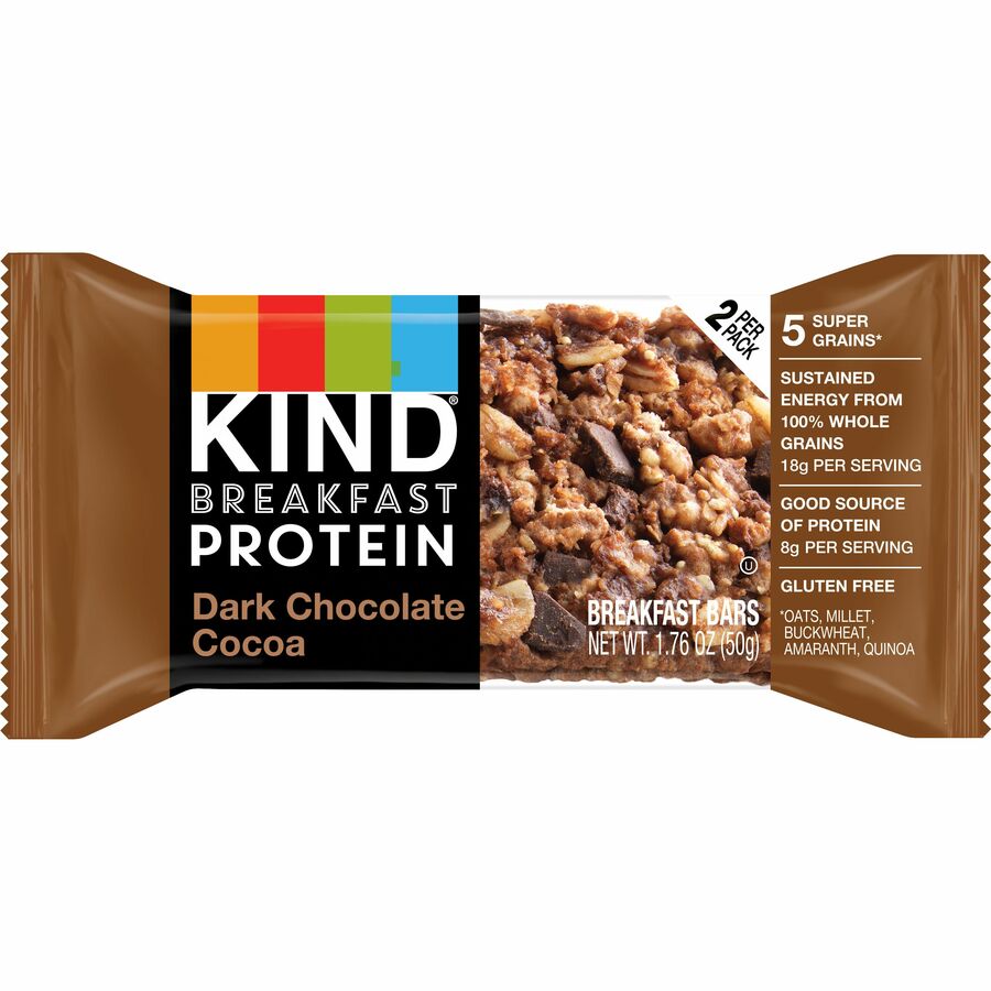 KIND Breakfast Protein Bars, Dark Chocolate Cocoa, Gluten-Free, Dairy-Free, Low Sodium, Trans Fat Free, Peanut-Free, 1.76 oz, 6/Box