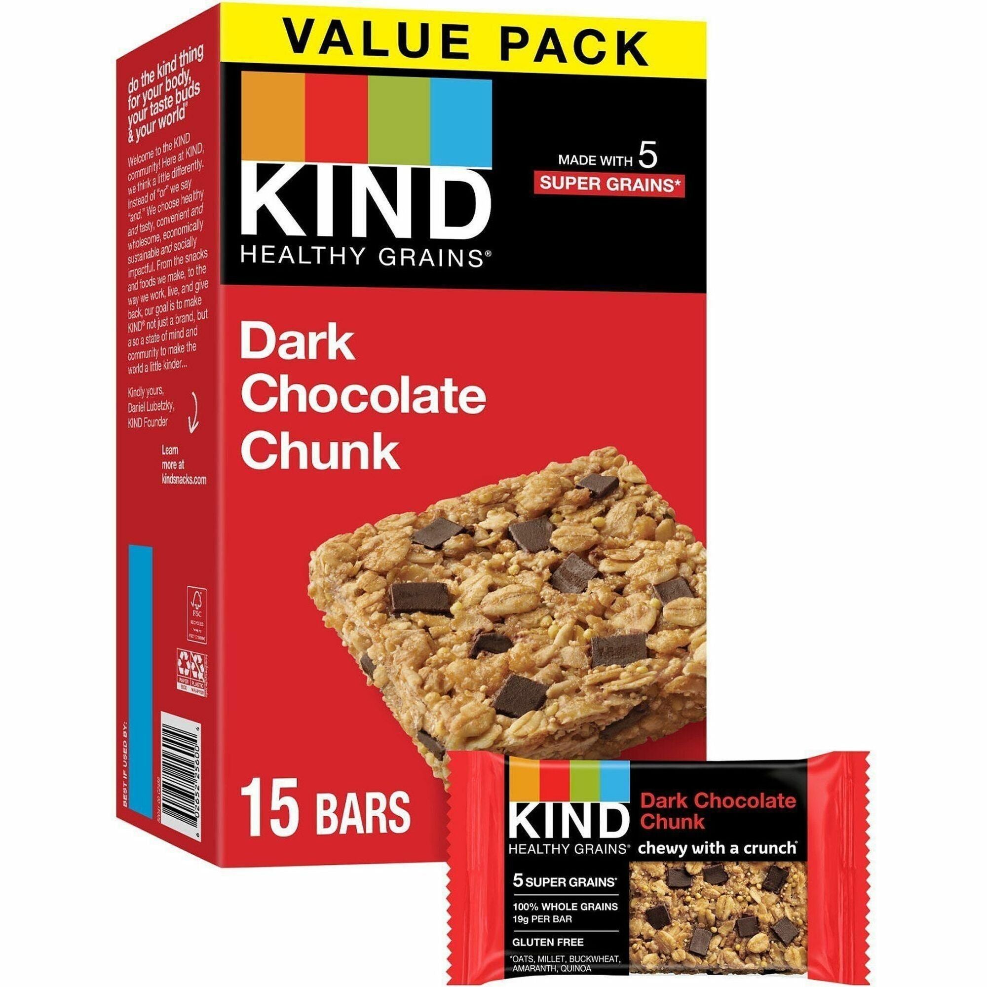 KIND Healthy Grains Bars, Dark Chocolate Chunk, 1.20 oz, 15 Bars per Box, Trans Fat Free, Gluten-Free, Low Sodium, Cholesterol-Free