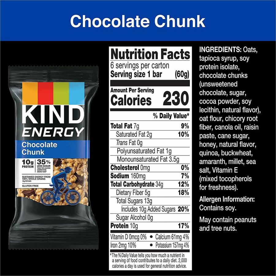 KIND Energy Bars, Chocolate Chunk, Gluten-Free, Trans Fat Free, Individually Wrapped, 2.10 oz, 6/Box