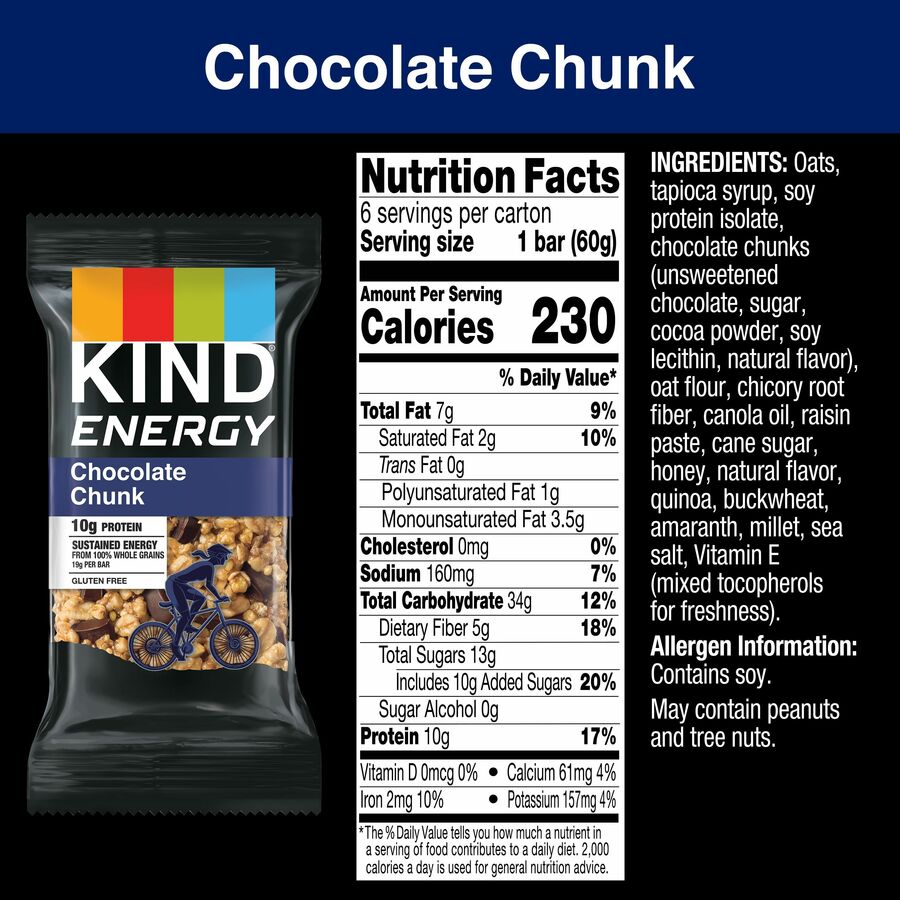 KIND Energy Bars, Chocolate Chunk, Gluten-Free, Trans Fat Free, Individually Wrapped, 2.10 oz, 6/Box