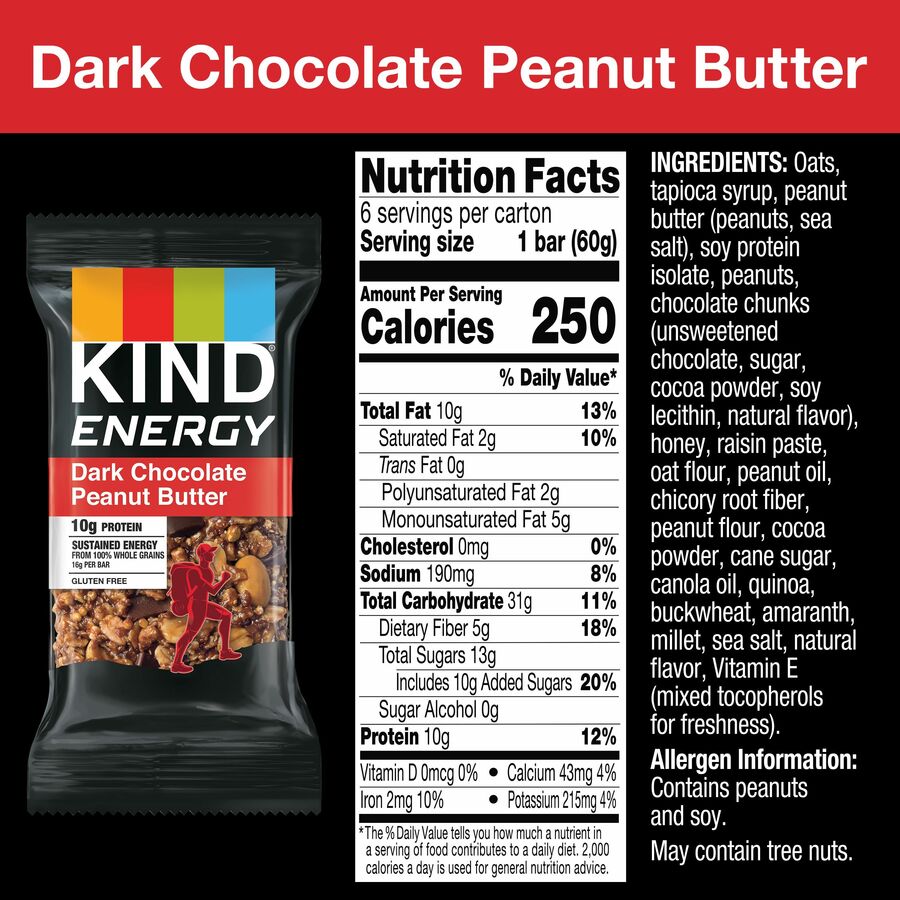 KIND Energy Bars, Dark Chocolate Peanut Butter, Gluten-Free, Trans Fat Free, Individually Wrapped, 2.10 oz, 6 Bars per Box