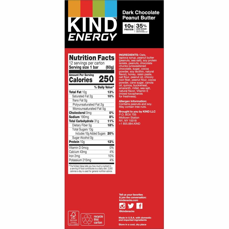 KIND Energy Bars, Dark Chocolate Peanut Butter, Gluten-Free, Trans Fat Free, Individually Wrapped, 2.10 oz, 6 Bars per Box