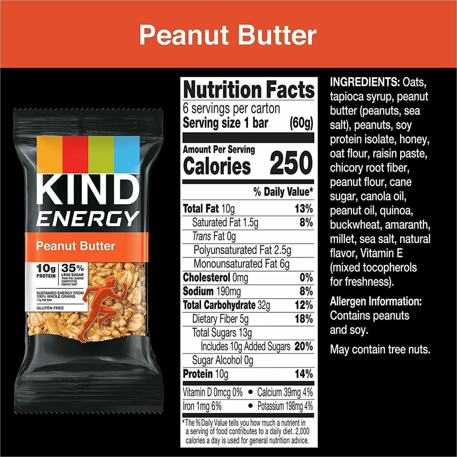 KIND Energy Bars, Peanut Butter, 2.10 oz, 6 Individually Wrapped Bars per Box, Trans Fat Free, Gluten-Free