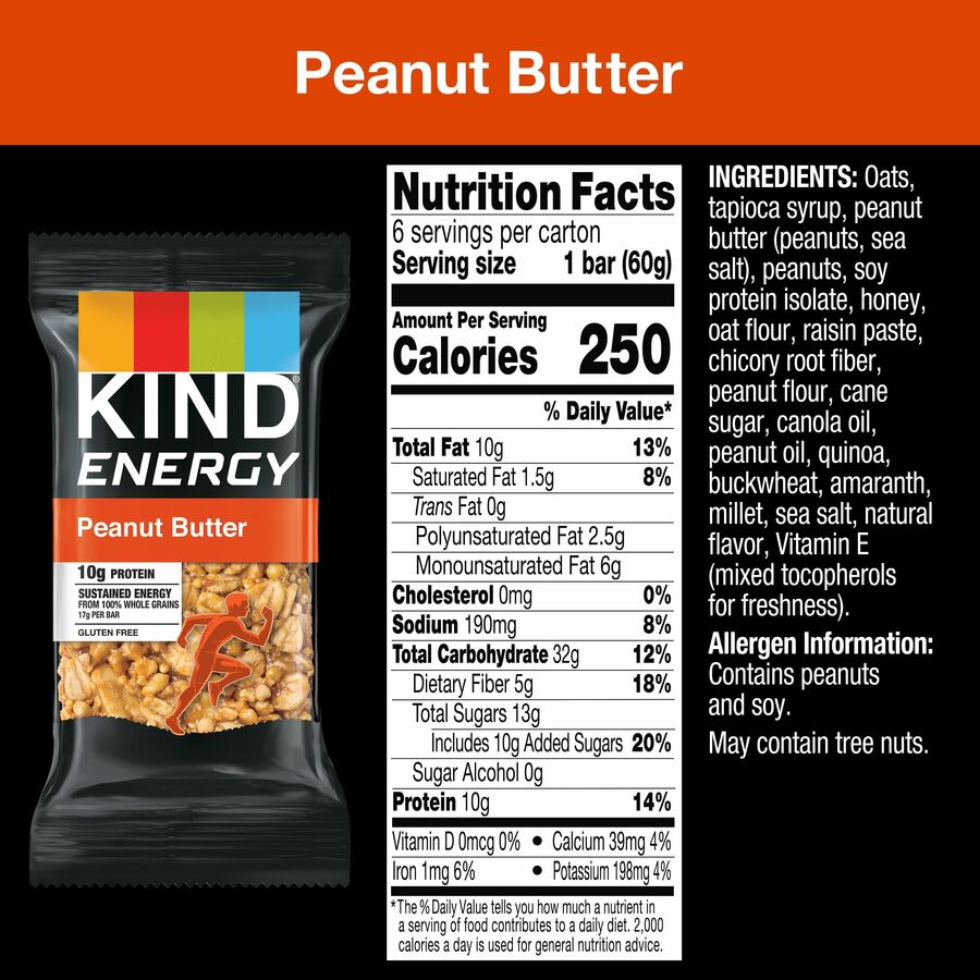 KIND Energy Bars, Peanut Butter, 2.10 oz, 6 Individually Wrapped Bars per Box, Trans Fat Free, Gluten-Free