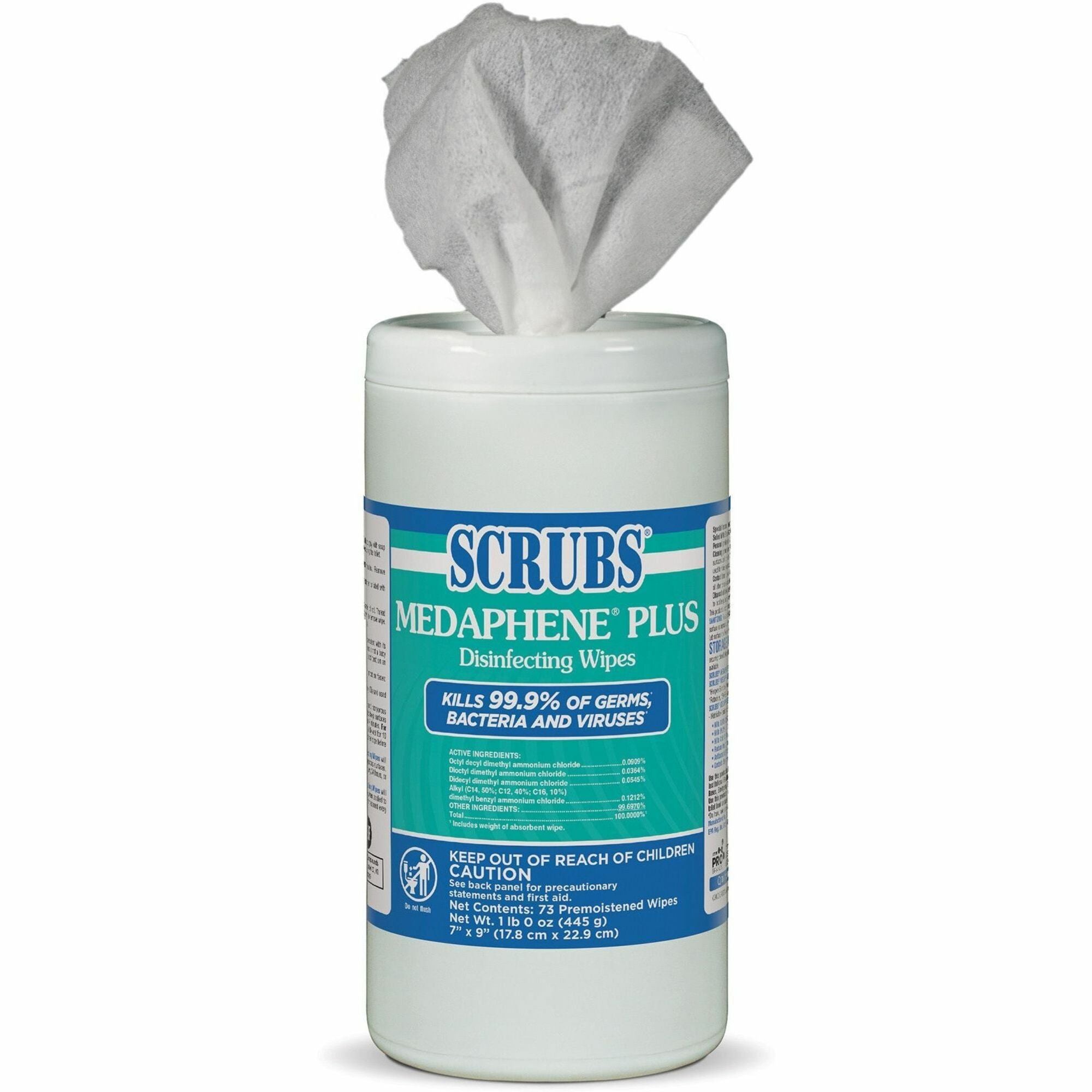 SCRUBS Medaphene Plus Disinfecting Wipes, Citrus Scent, 9" x 6", 73 Wipes per Tub, 6 Tubs per Carton