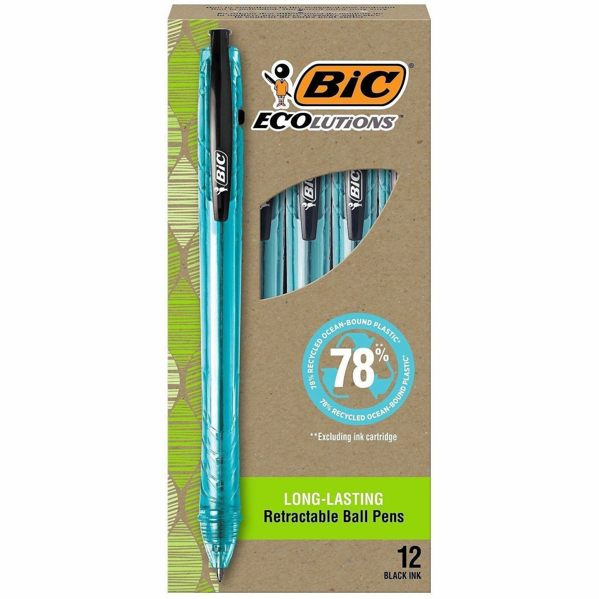 BIC Ecolutions Ballpoint Pen, 1 mm Medium Point, Refillable, Retractable, Black Ink, Semi Clear Barrel, 1 Dozen