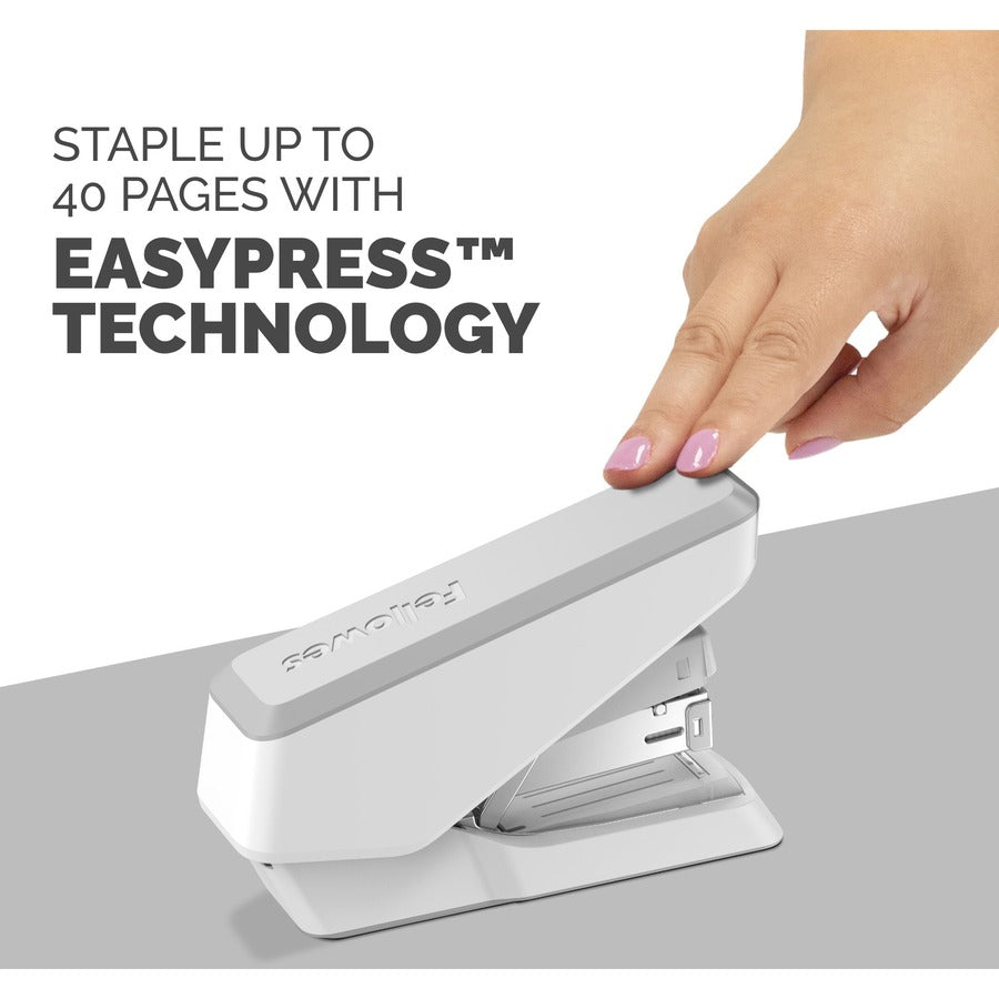 Fellowes EasyPress Half Strip Stapler, White, 40 Sheet Capacity, Holds 105 Staples, 0.25" Staple Size, 1 Each
