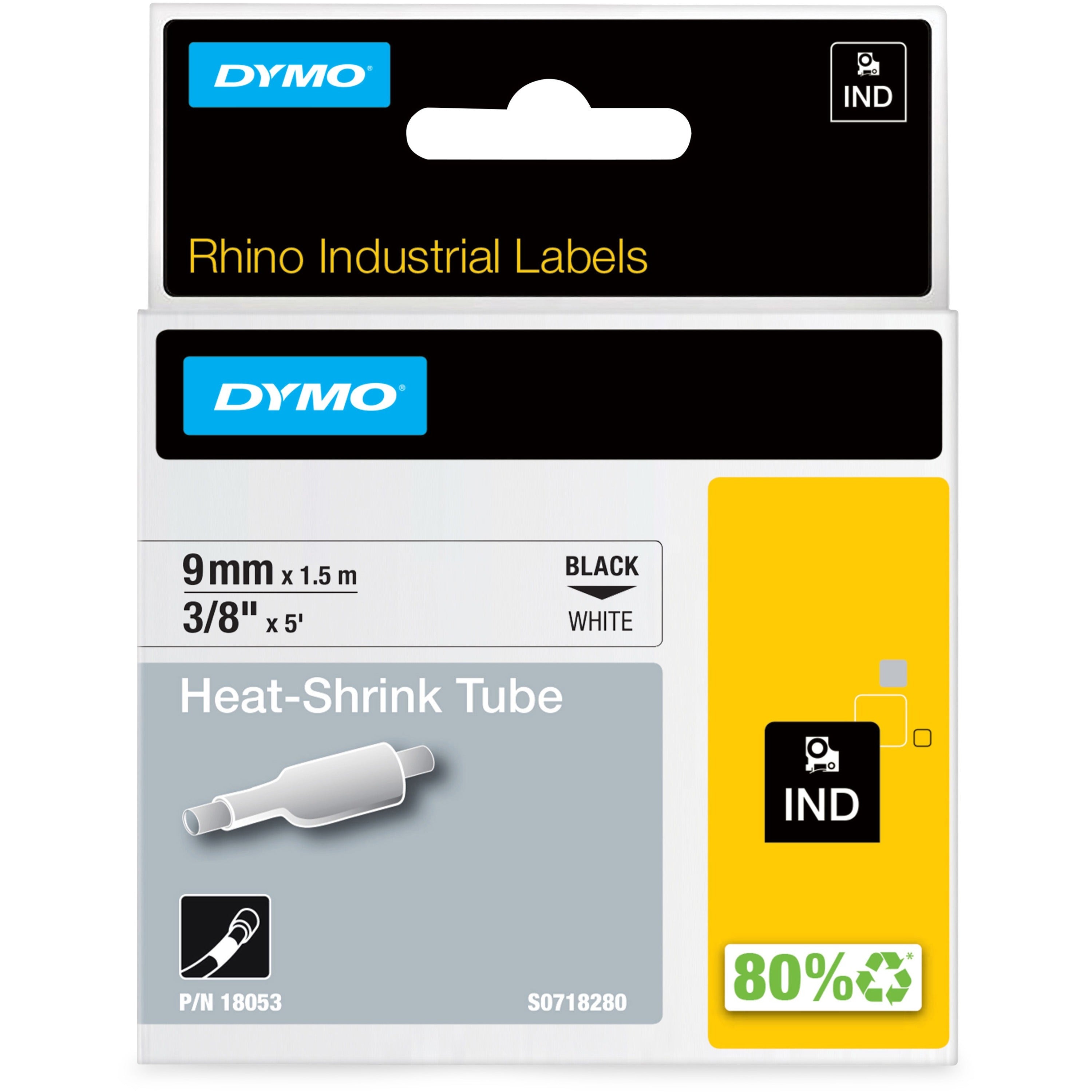 Dymo Rhino Heat Shrink Tube Labels - 23/64" Width x 59 1/16" Length - Rectangle - Thermal Transfer - Black on White - Polyolefin - Easy Peel - 1 Each