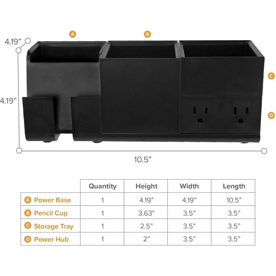 Bostitch Konnect Desk Organizer with Power Station, Stackable, USB Hub, Cable Management, Storage Tray, Non-slip Rubber Feet, Black, 1 Each
