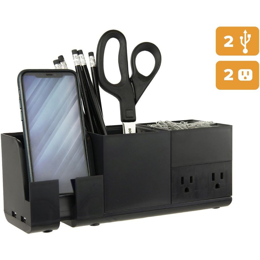 Bostitch Konnect Desk Organizer with Power Station, Stackable, USB Hub, Cable Management, Storage Tray, Non-slip Rubber Feet, Black, 1 Each