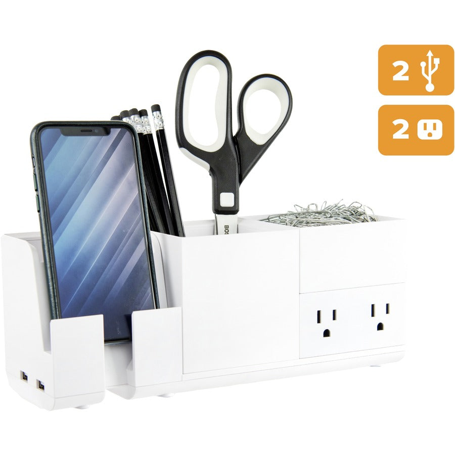 Bostitch Konnect Desk Organizer with Power Station, Stackable, USB Hub, Cable Management, Storage Tray, Rubber Feet, Non-slip Feet, White, 1 Each