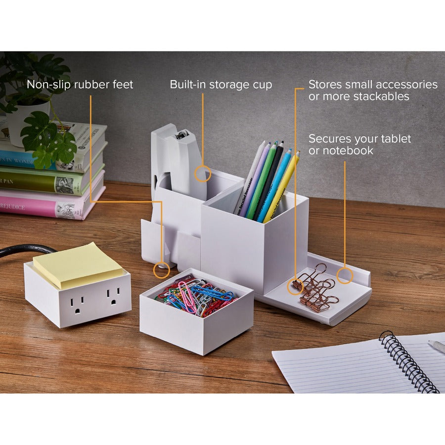 Bostitch Konnect Desk Organizer with Power Station, Stackable, USB Hub, Cable Management, Storage Tray, Rubber Feet, Non-slip Feet, White, 1 Each