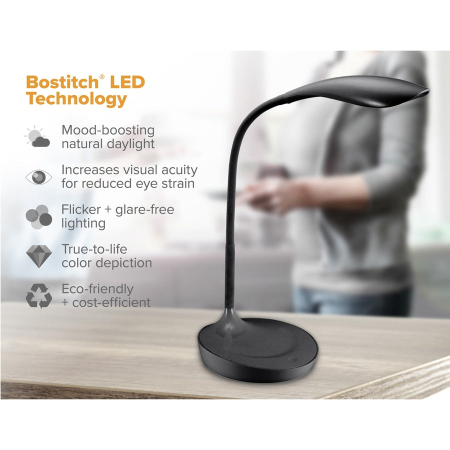 Bostitch Konnect Gooseneck LED Desk Lamp, Adjustable Brightness, Touch Control, Dimmable, Flexible Neck, USB Charging, Flicker-Free, Glare-Free, Black, 1 Each