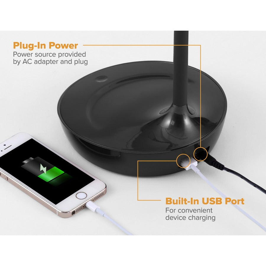 Bostitch Konnect Gooseneck LED Desk Lamp, Adjustable Brightness, Touch Control, Dimmable, Flexible Neck, USB Charging, Flicker-Free, Glare-Free, Black, 1 Each