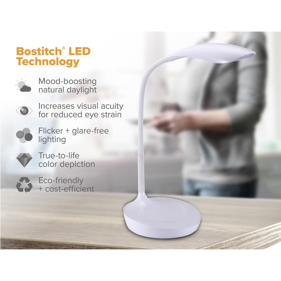 Bostitch Konnect Gooseneck LED Desk Lamp, Dimmable, Touch Control, Adjustable Brightness, Flexible, Flicker-Free, Glare-Free, USB Charging, Desk Mountable, White, 1 Each
