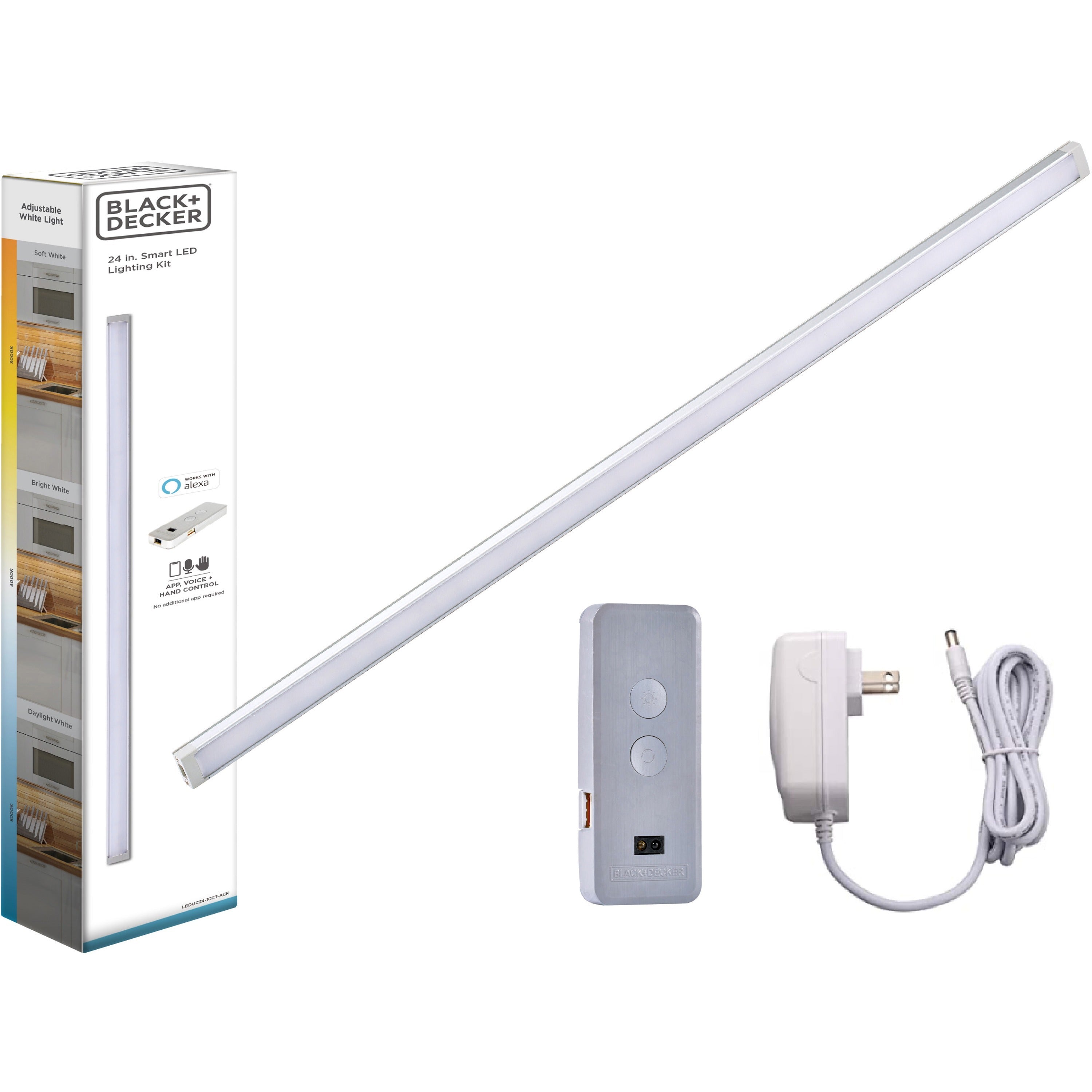 BLACK+DECKER Smart Under Cabinet Lighting Kit, Silver, 1 Each, Includes 24" Light Bar, AC Adapter, Jumper Wire, Control Box, and Mounting Clips