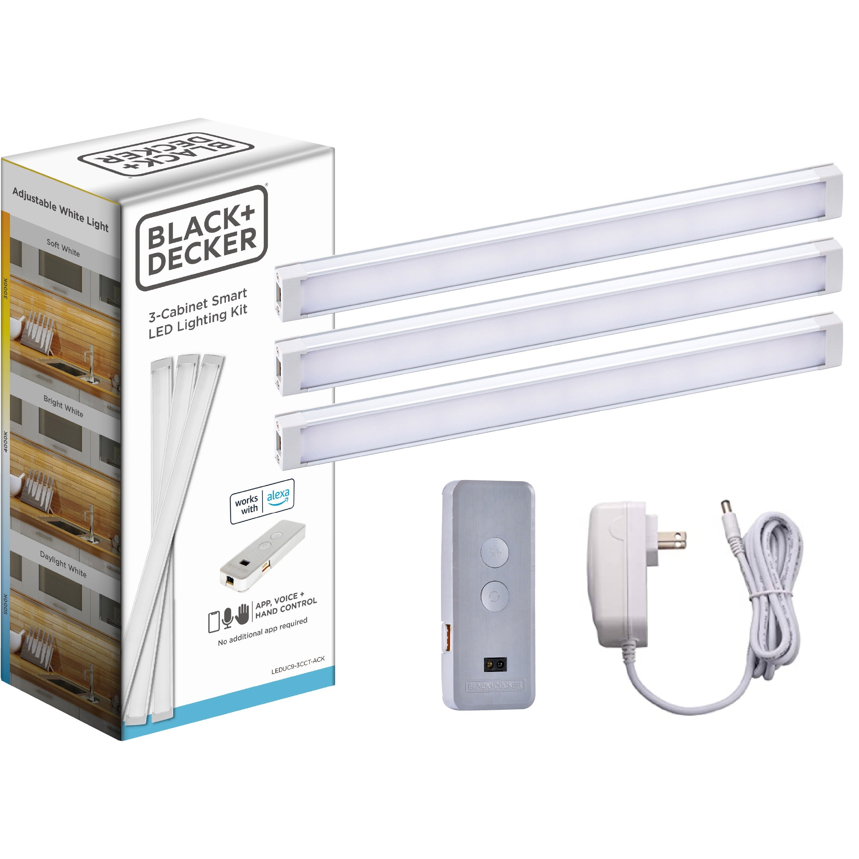 BLACK+DECKER Smart Under Cabinet Lighting Kit, Silver, Includes 3 x 9" Light Bars, AC Adapter, Jumper Wire, Control Box, Mounting Clips, 1 Each