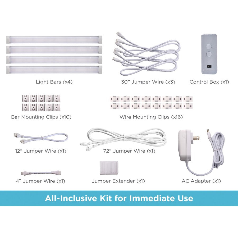 BLACK+DECKER Smart Under Cabinet Lighting Kit, Silver, Includes 4 x 9" Light Bars, AC Adapter, Jumper Wires, Mounting Clips, and Control Box, 1 Each