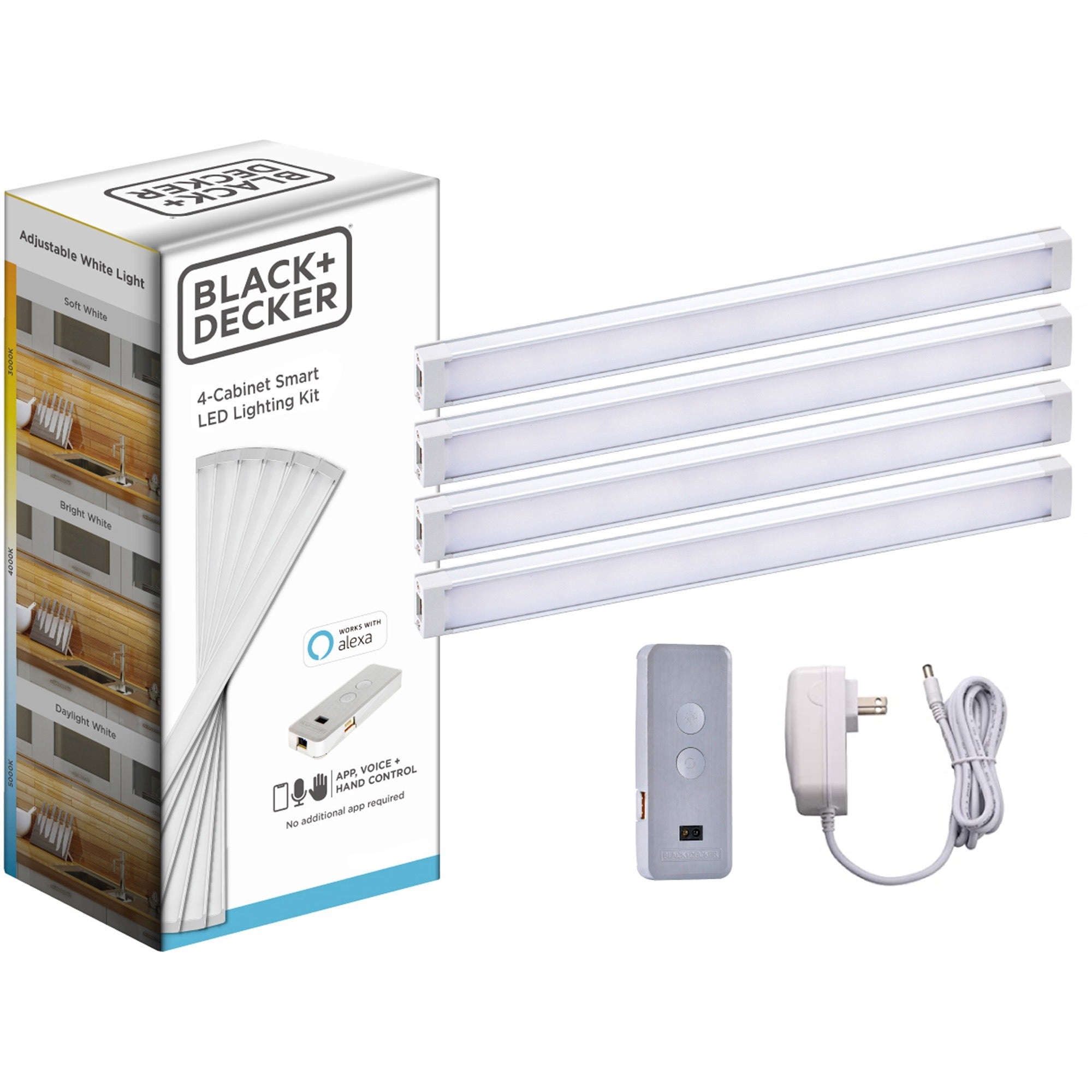 BLACK+DECKER Smart Under Cabinet Lighting Kit, Silver, Includes 4 x 9" Light Bars, AC Adapter, Jumper Wires, Mounting Clips, and Control Box, 1 Each