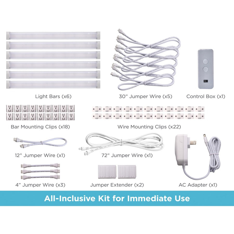 BLACK+DECKER Smart Under Cabinet Lighting Kit, Silver, Includes 6 x 9" Light Bars, AC Adapter, Control Box, Jumper Wires, Mounting Clips, 1 Each
