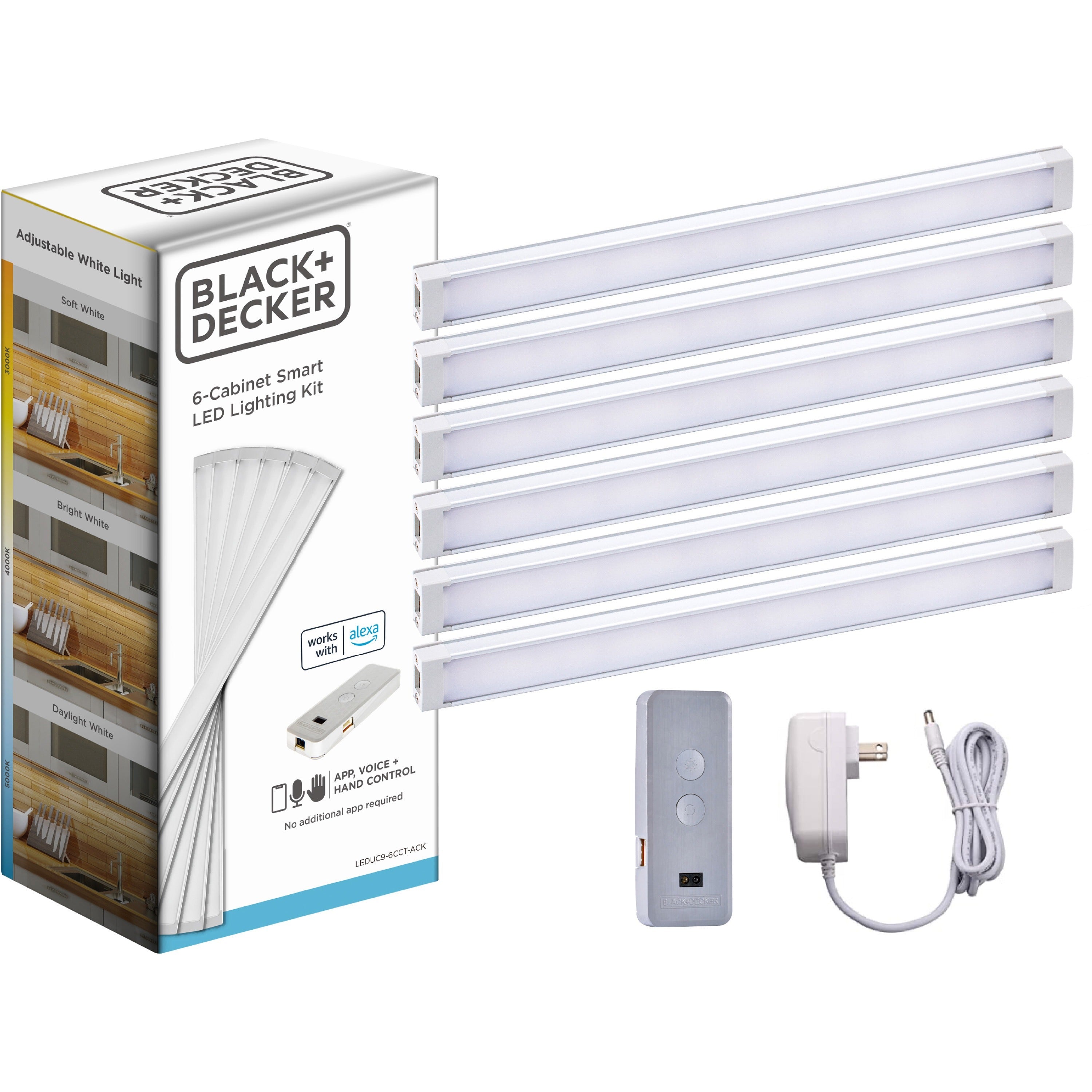 BLACK+DECKER Smart Under Cabinet Lighting Kit, Silver, Includes 6 x 9" Light Bars, AC Adapter, Control Box, Jumper Wires, Mounting Clips, 1 Each