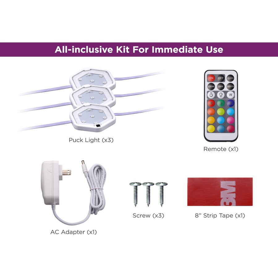 BLACK+DECKER Color-Changing LED Puck Light Kit, White, Includes 3 Light Pucks, Remote, Strip Tape, Screws, and AC Adapter, 1 Each