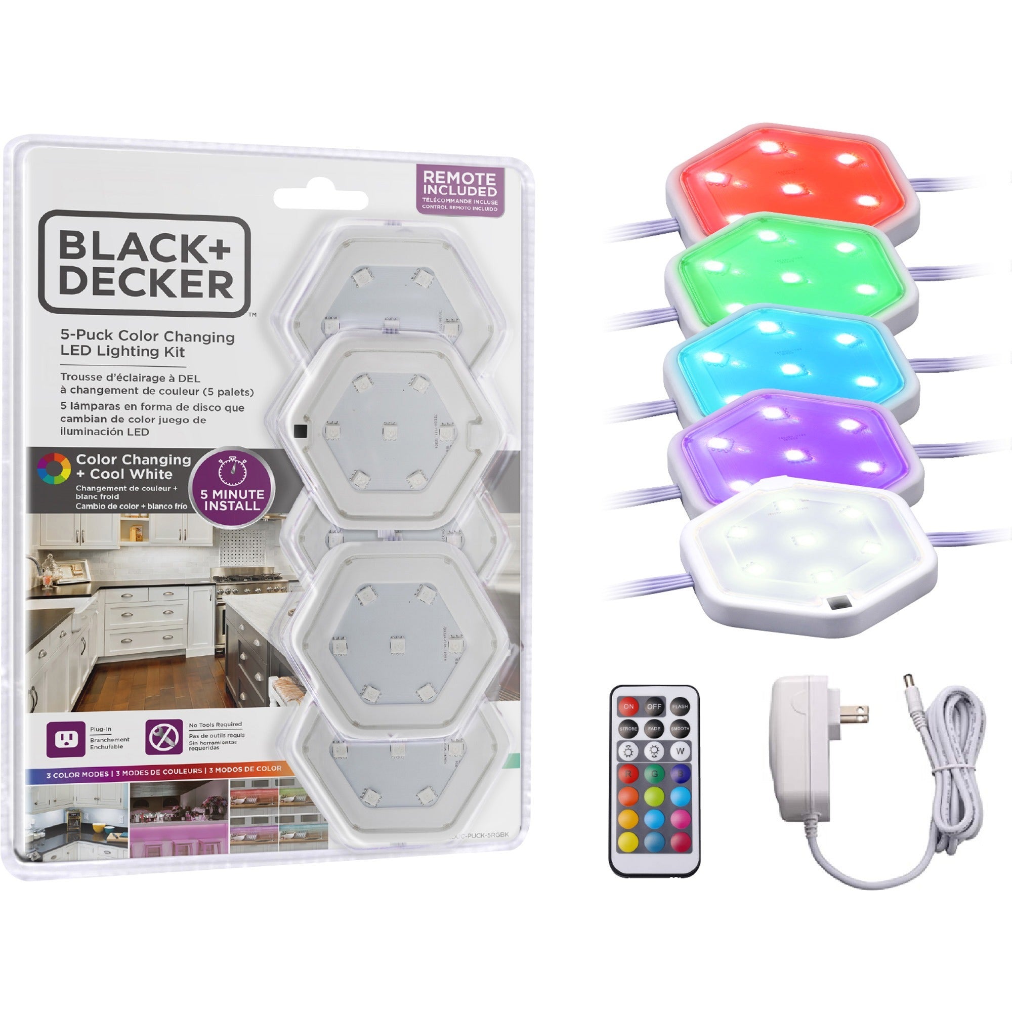 BLACK+DECKER Color-Changing LED Puck Light Kit, White, 5 Light Pucks, Remote Included, 1 Each