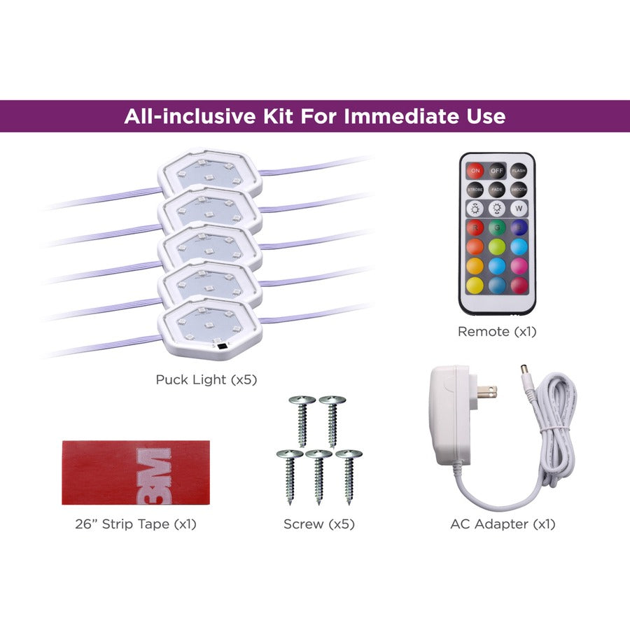 BLACK+DECKER Color-Changing LED Puck Light Kit, White, 5 Light Pucks, Remote Included, 1 Each