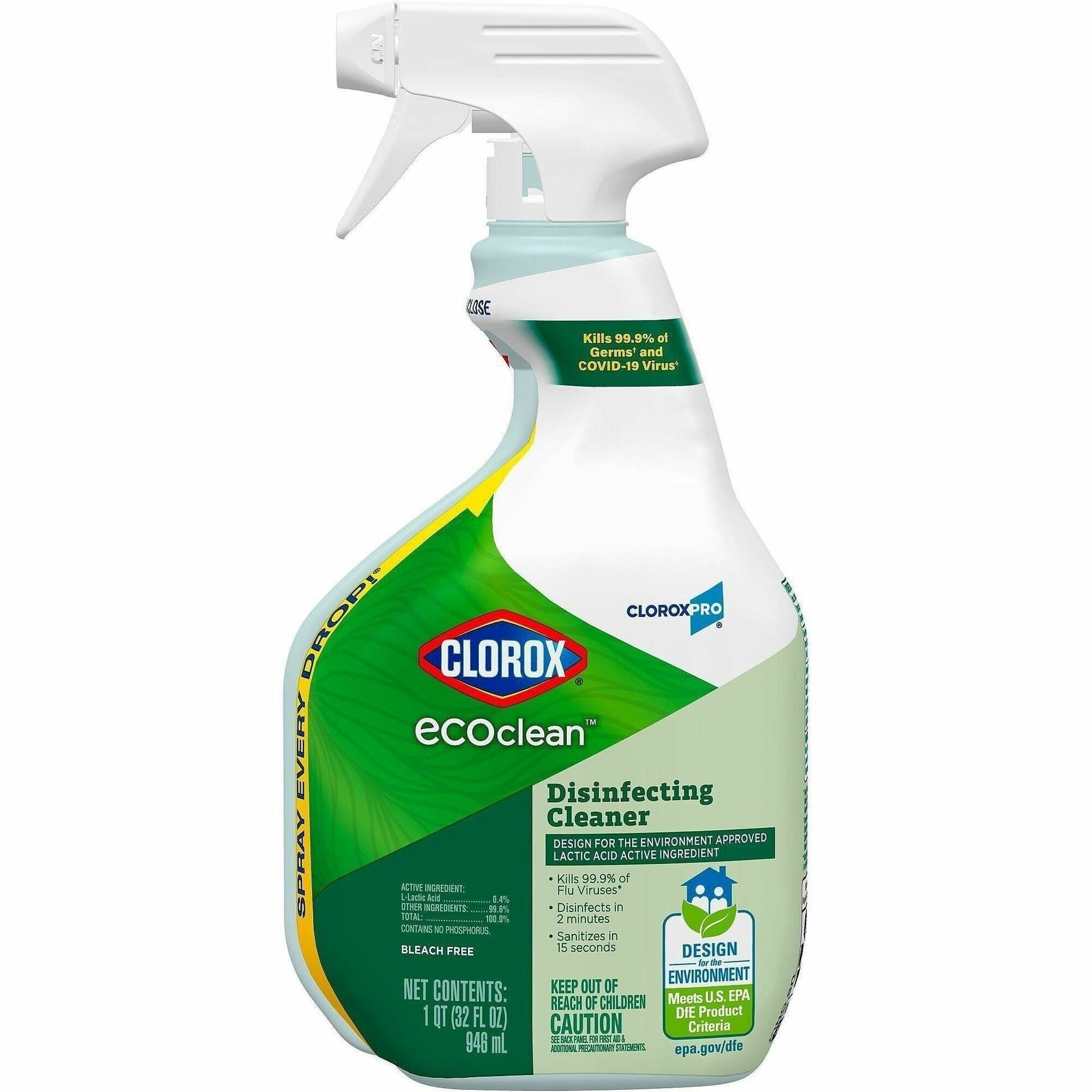 CloroxPro EcoClean Disinfecting Cleaner Spray, Ready-To-Use, Fresh Scent, Bleach-Free, Alcohol-Free, Phosphate-Free, Odor Resistant, Green/White, 32 fl oz (1 quart), 1 Each
