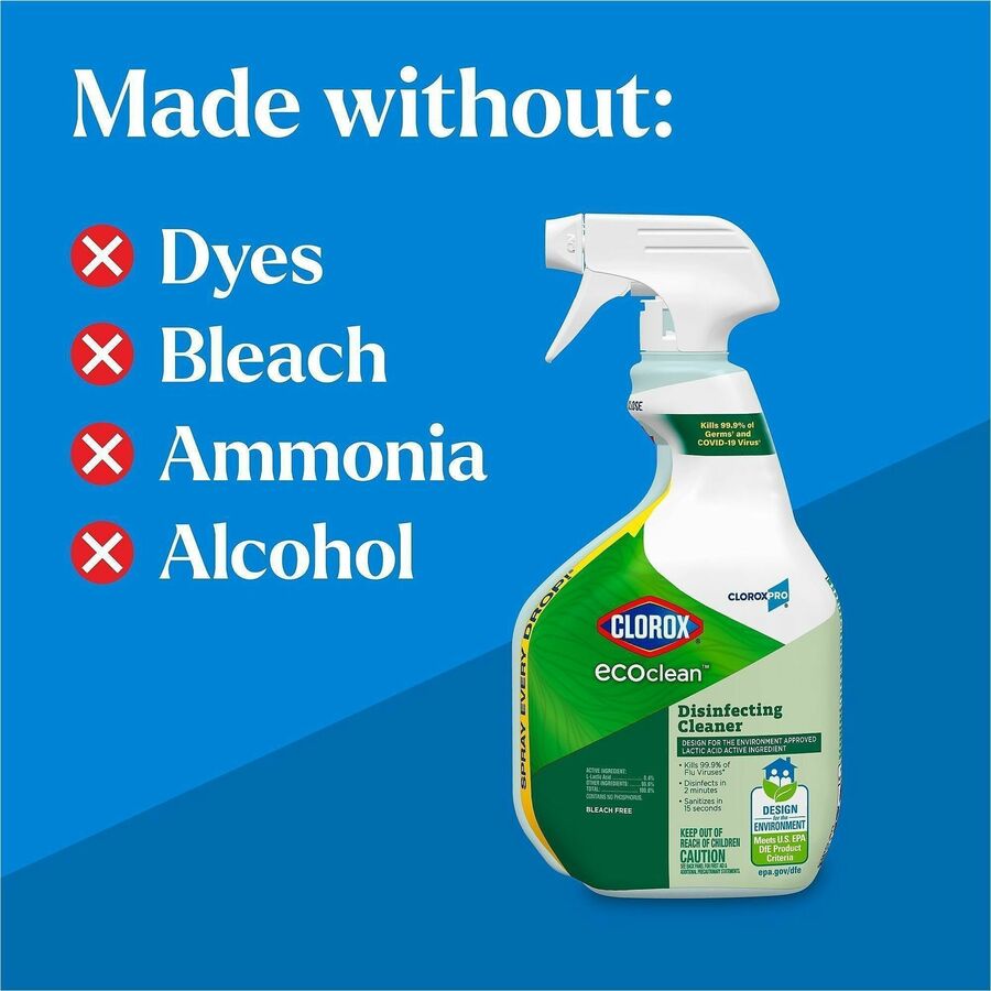 CloroxPro EcoClean Disinfecting Cleaner Spray, Ready-To-Use, Fresh Scent, Bleach-Free, Alcohol-Free, Phosphate-Free, Odor Resistant, Green/White, 32 fl oz (1 quart), 1 Each