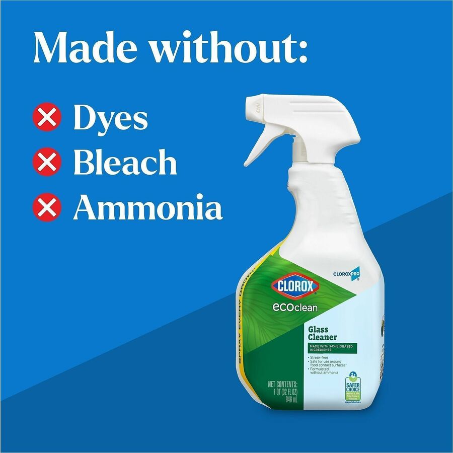 CloroxPro EcoClean Glass Cleaner Spray, 32 fl oz, Streak-free, Bio-based, Ammonia-free, Paraben-free, Dye-free, Phthalate-free, Chemical-free, Fume-free, Residue-free, Green/Blue, 1 Each